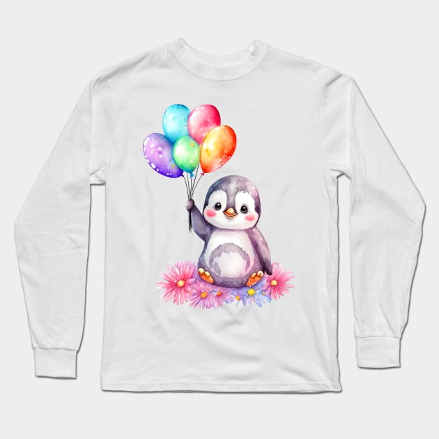 baby penguin holds balloon Long Sleeve T-Shirt by abbeheimkatt